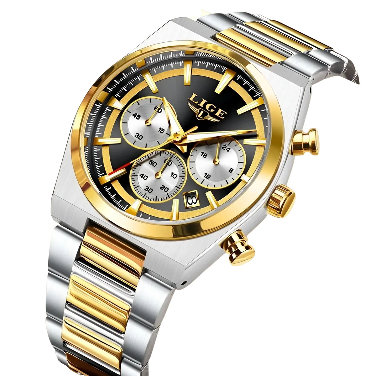 Lige men’s gold chronograph watch with black dial gold bezel accents and silver stainless steel two-tone bracelet
