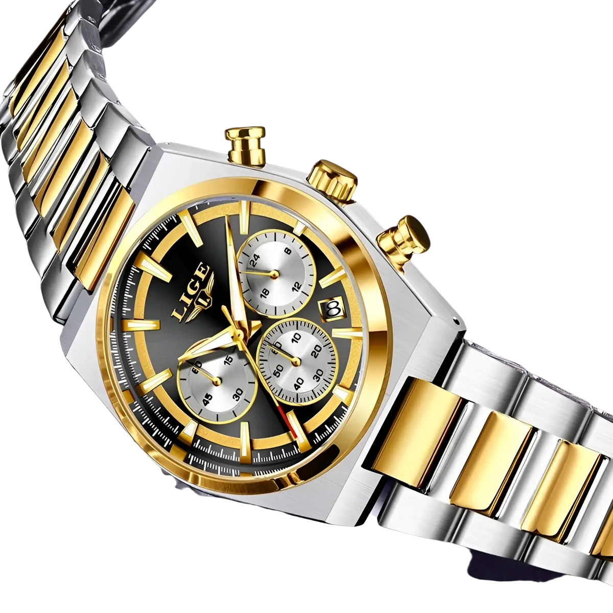Lige men’s gold chronograph watch with silver and gold stainless steel bracelet and black dial featuring three sub-dials