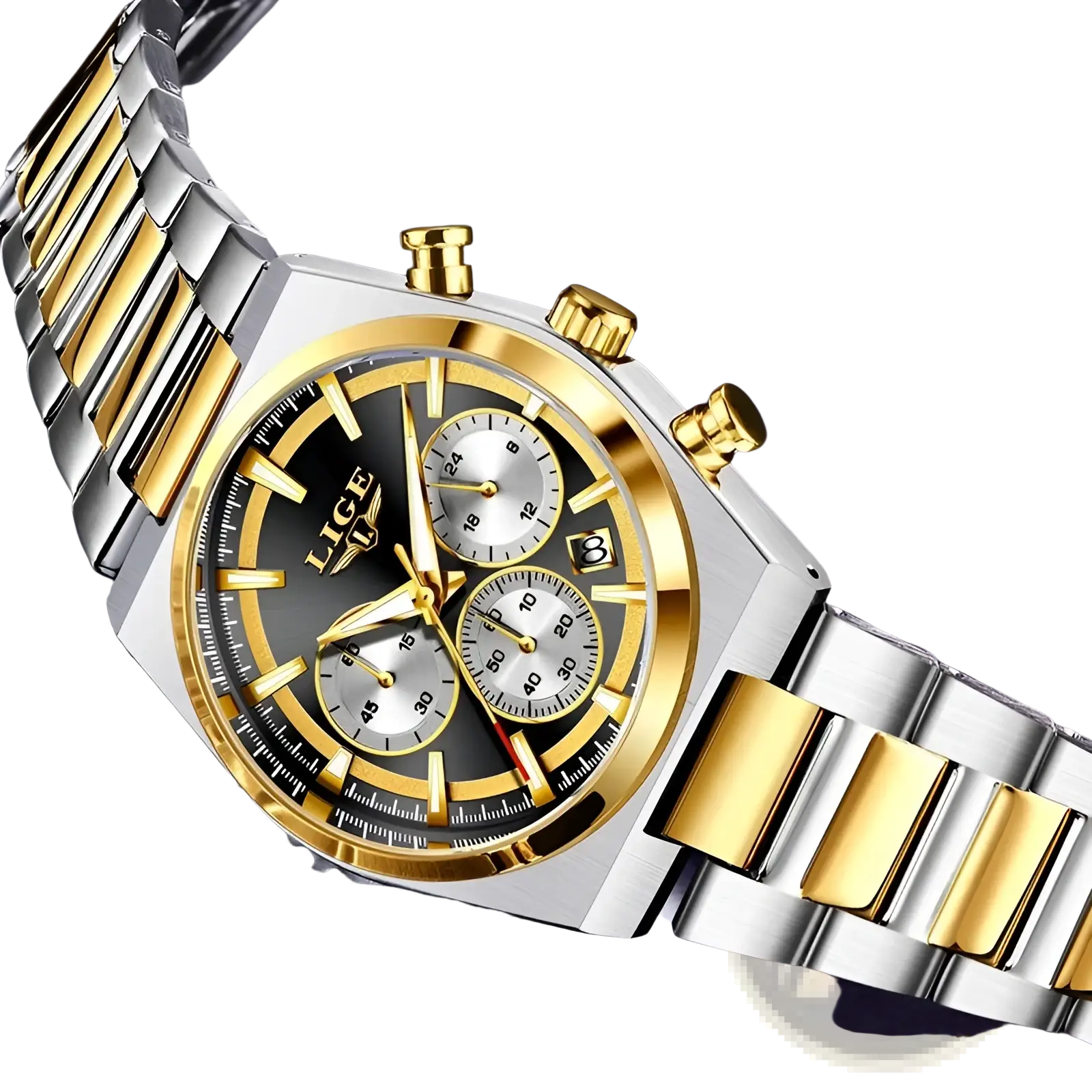 Lige men’s gold chronograph watch with silver and gold stainless steel bracelet and black dial featuring three sub-dials