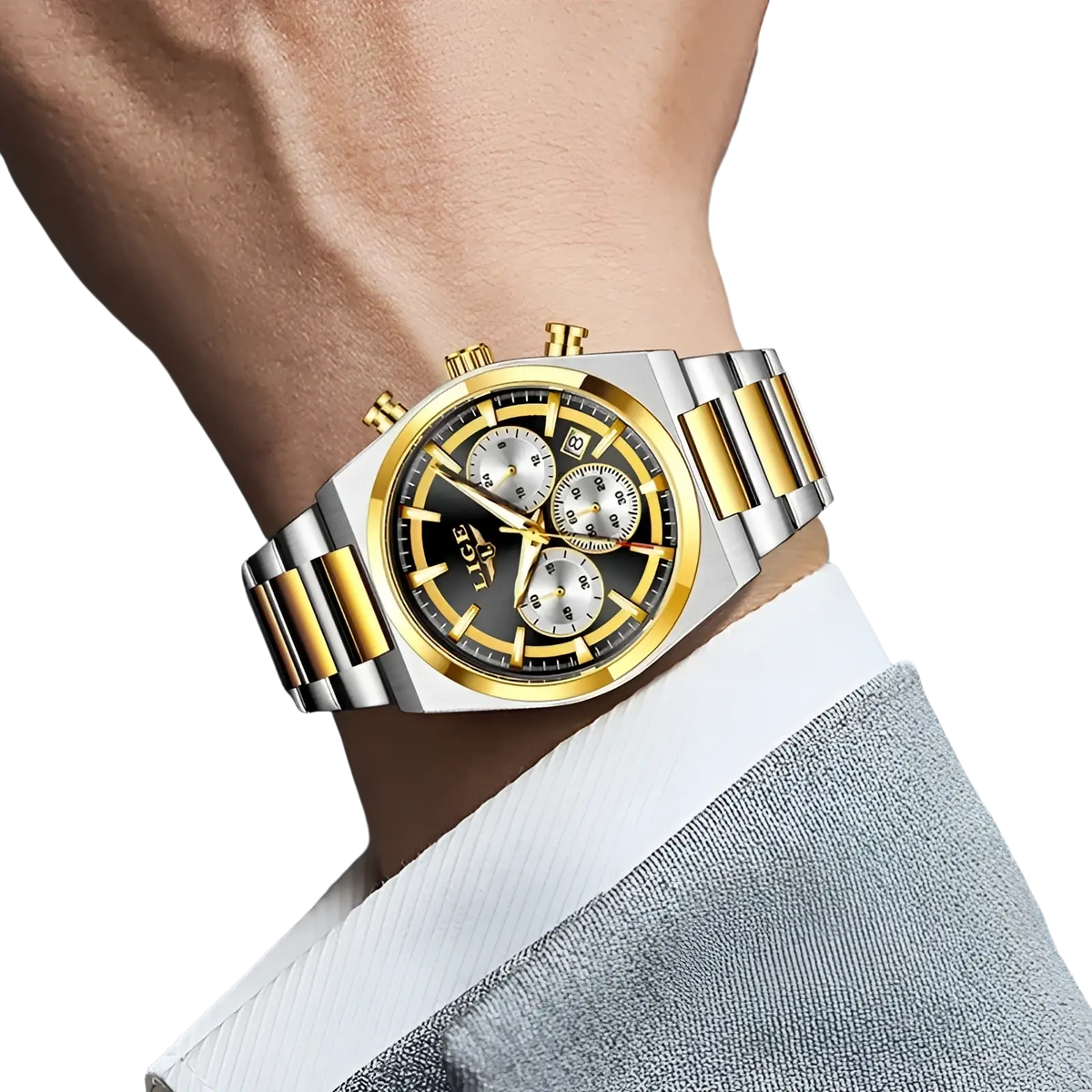 A sleek two-tone stainless steel and gold chronograph watch with black dial and bold golden hour markers by Lige