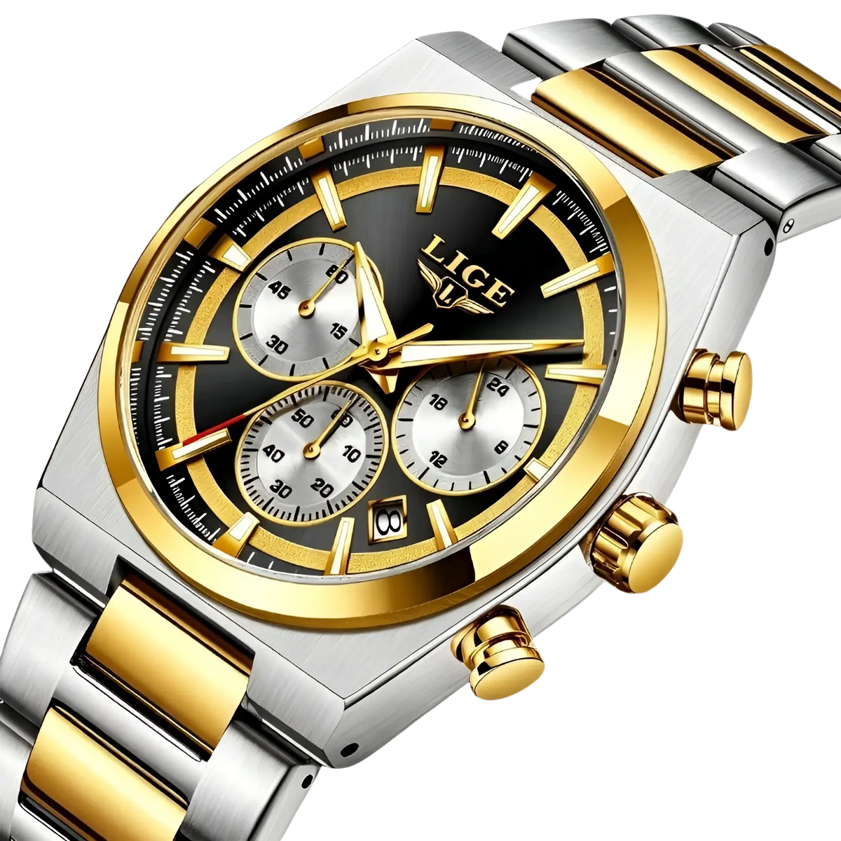 Lige men’s gold chronograph watch with a two-tone stainless steel and gold case and black dial with silver subdials