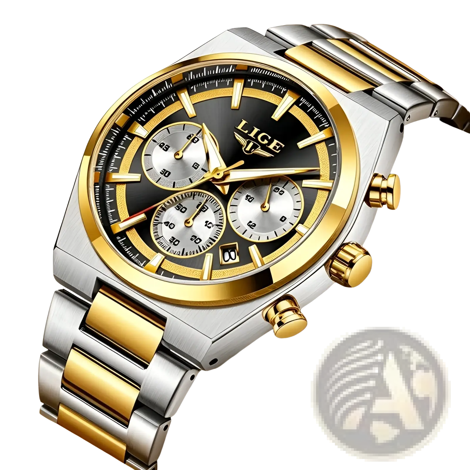 A sleek two-tone stainless steel and gold Lige men’s gold chronograph watch with a black dial and date display