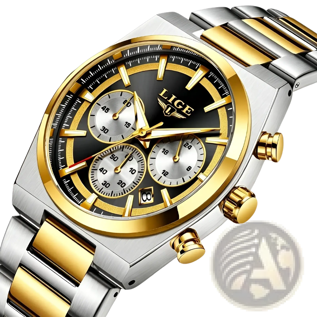 Lige men’s gold chronograph watch with a two-tone stainless steel and gold case and black dial with silver subdials