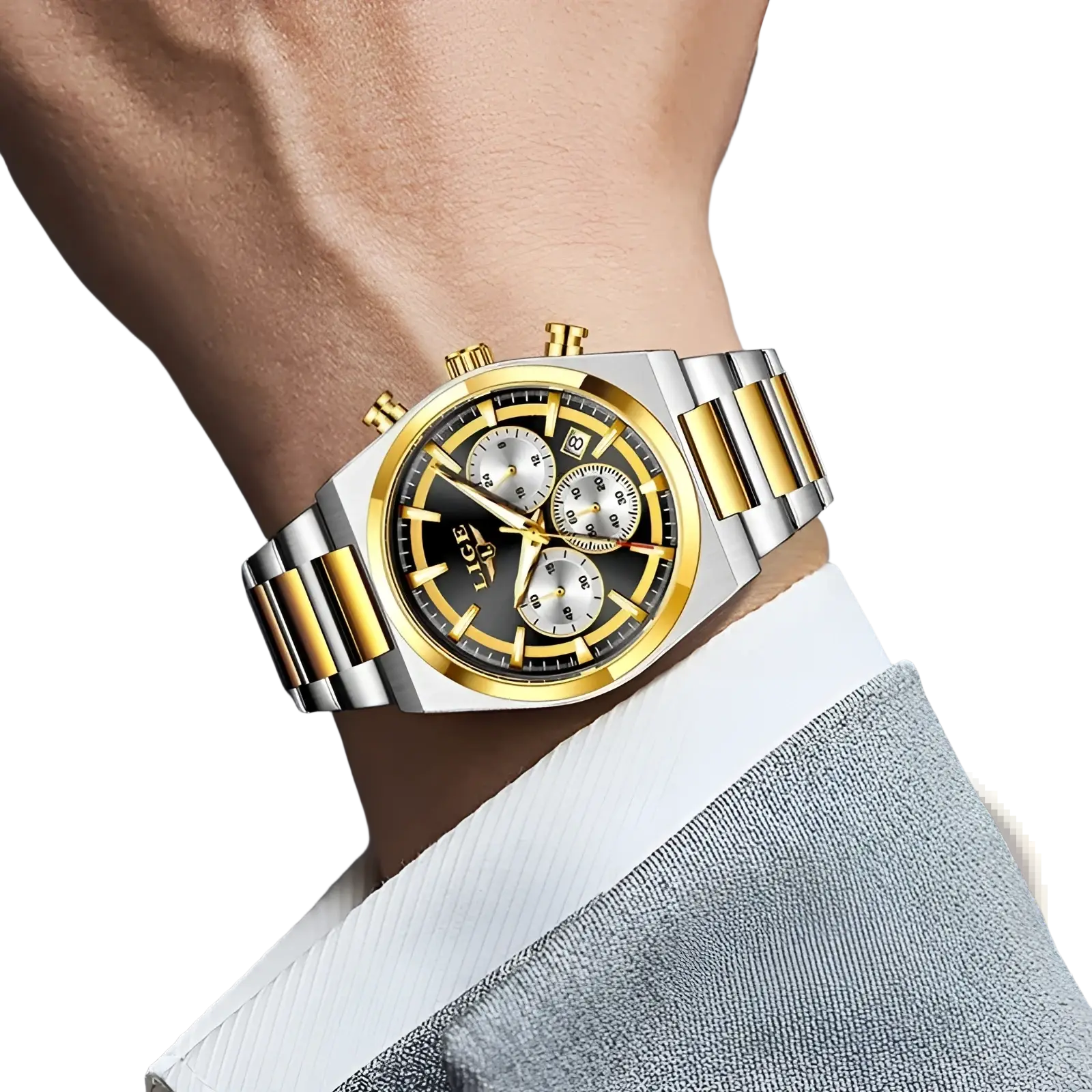 A sleek two-tone stainless steel and gold chronograph watch with black dial and bold golden hour markers by Lige