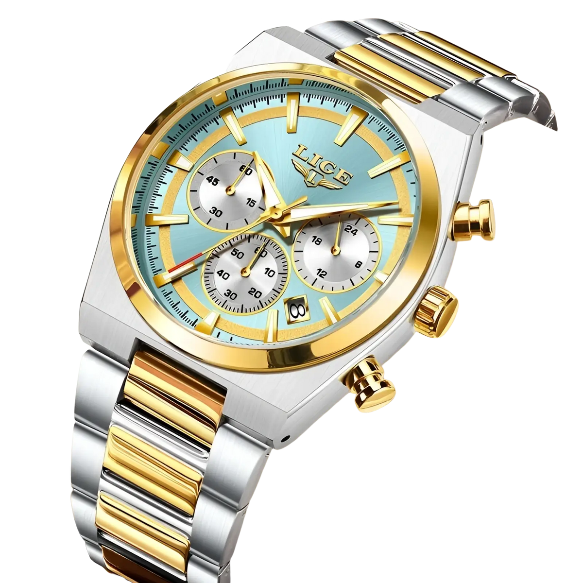 A stylish Lige men’s gold chronograph watch with two-tone stainless steel and gold, light blue dial, and silver subdials