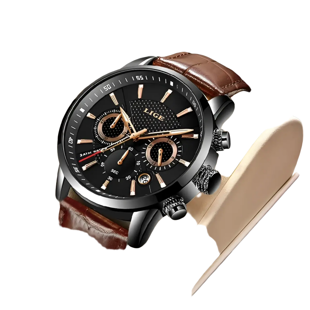 Lige men’s leather chronograph quartz watch with black dial, rose gold accents, and brown leather strap