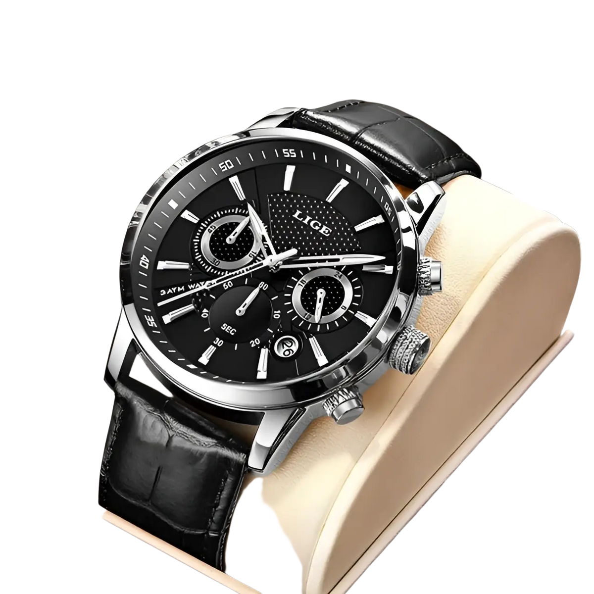 Lige men’s leather chronograph quartz watch with black leather strap silver-toned case and black dial with sub-dials
