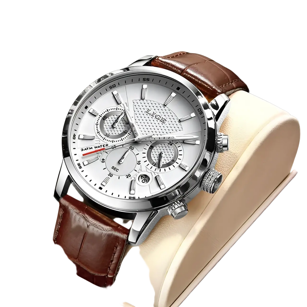 Lige men’s leather chronograph quartz watch with silver case white dial and brown leather strap