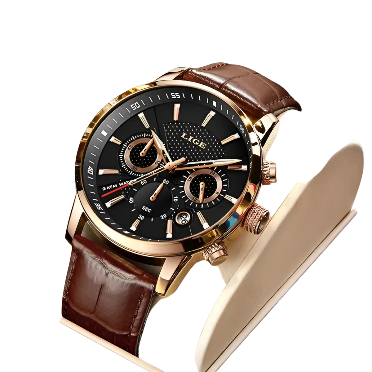 Lige men’s leather chronograph quartz watch with black dial rose gold tone case and brown leather strap