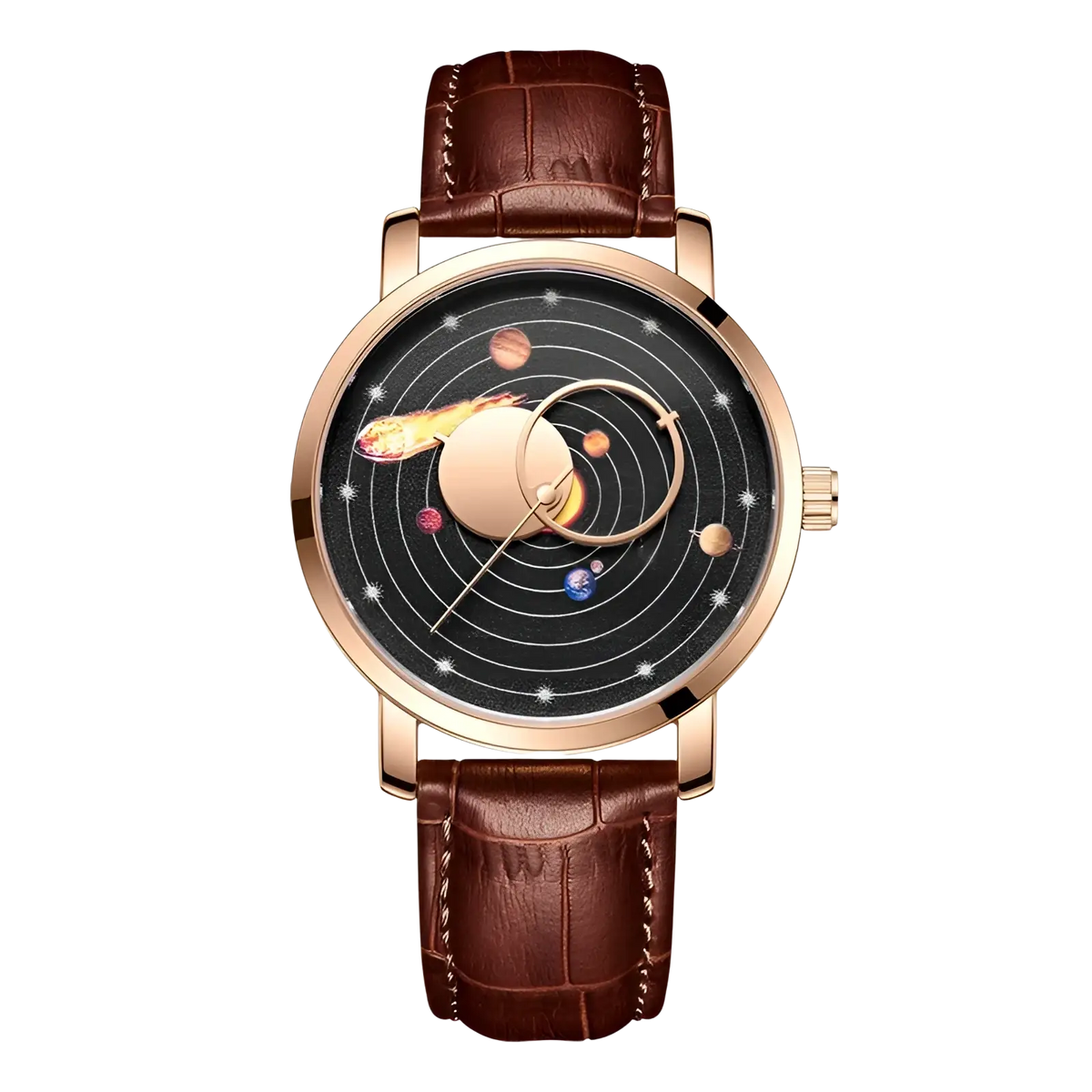 Lige men’s leather chronograph quartz watch in rose gold tone with dark solar system dial and brown crocodile leather strap