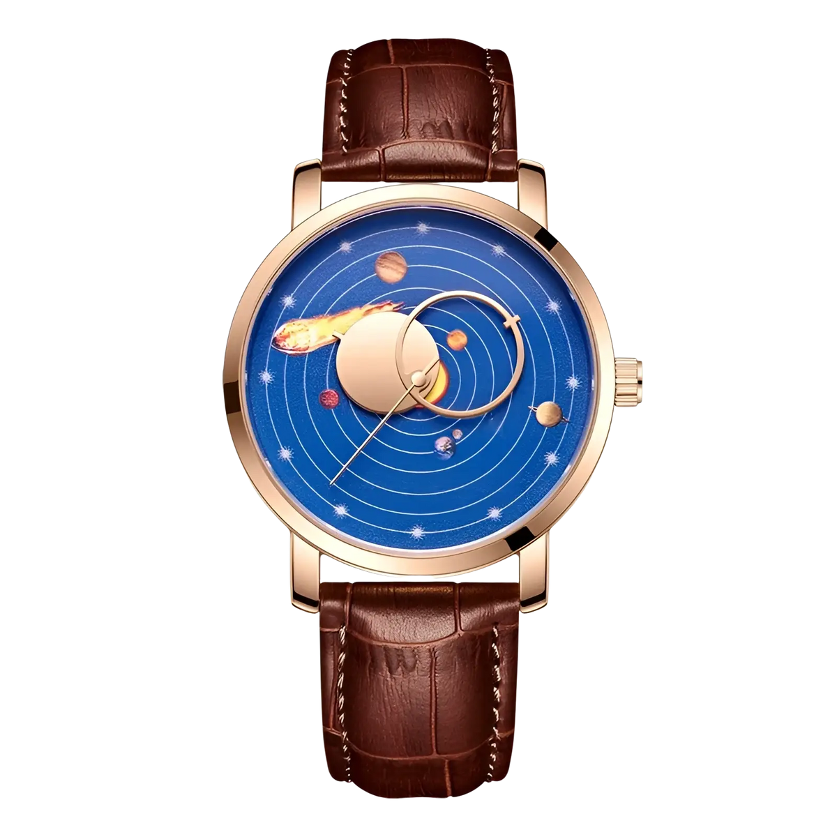 Lige men’s rose gold leather chronograph quartz watch with blue solar system dial and brown crocodile strap