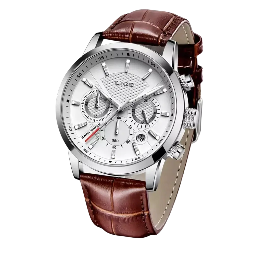Lige men’s silver chronograph quartz watch with white dial and brown alligator leather strap featuring three subdials