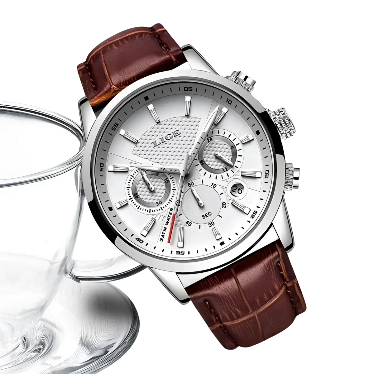 Lige men’s silver chronograph quartz watch with white dial, three subdials, and brown leather strap