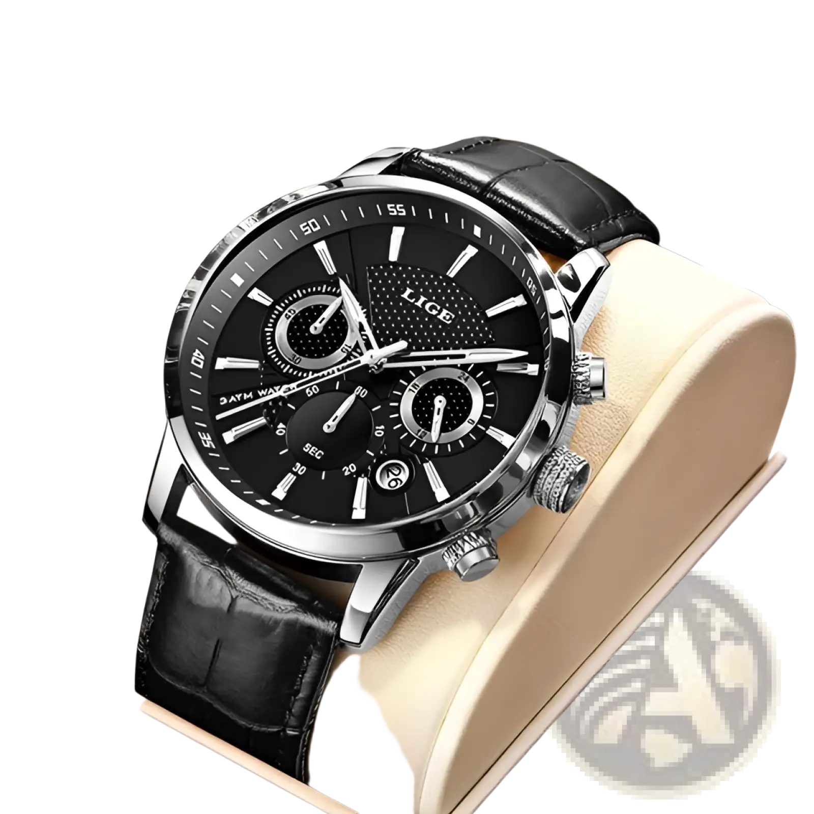 Lige men’s leather chronograph quartz watch with black leather strap silver-toned case and black dial with sub-dials