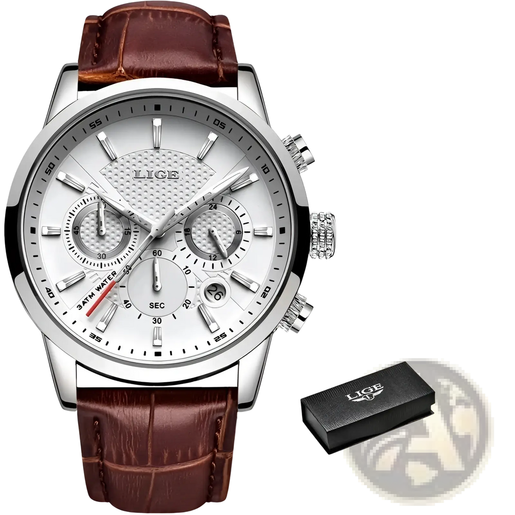 Silver lice chronograph watch with white dial and brown alligator leather strap in lige men’s leather quartz collection