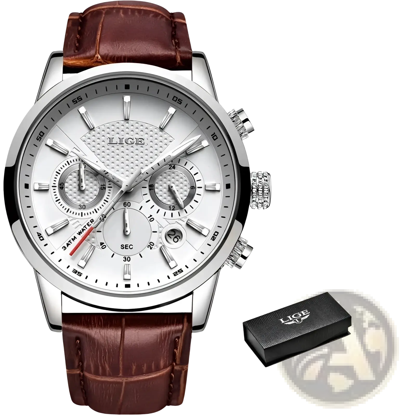 Silver lice chronograph watch with white dial and brown alligator leather strap in lige men’s leather quartz collection
