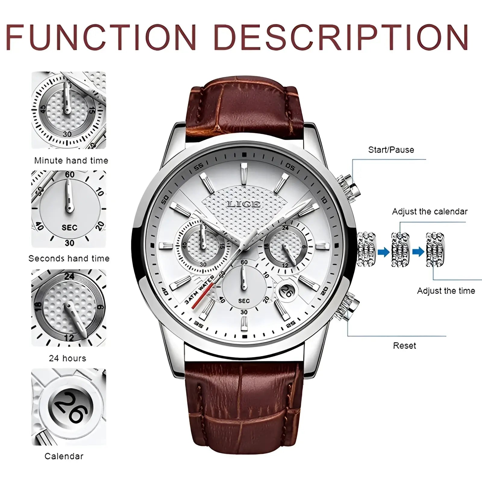 Lige men’s silver-tone leather chronograph quartz watch with white dial brown strap and three subdials