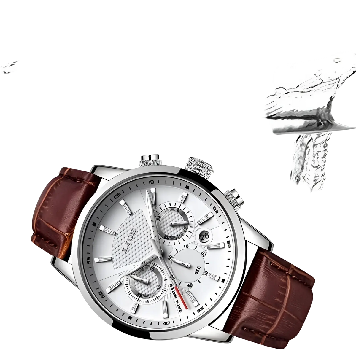 Lige men’s leather chronograph quartz watch with silver-toned case white dial and brown leather strap with three subdials
