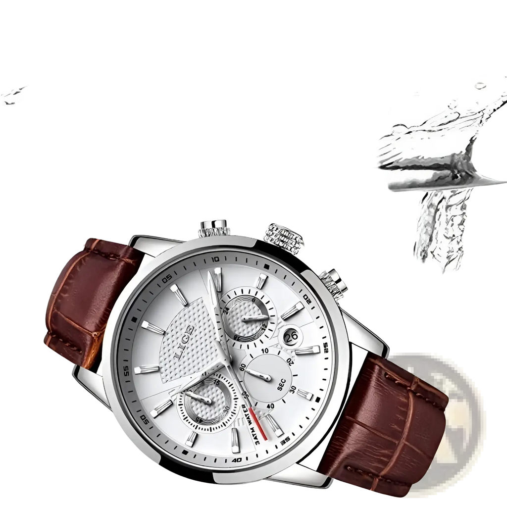Lige men’s leather chronograph quartz watch with silver-toned case white dial and brown leather strap with three subdials