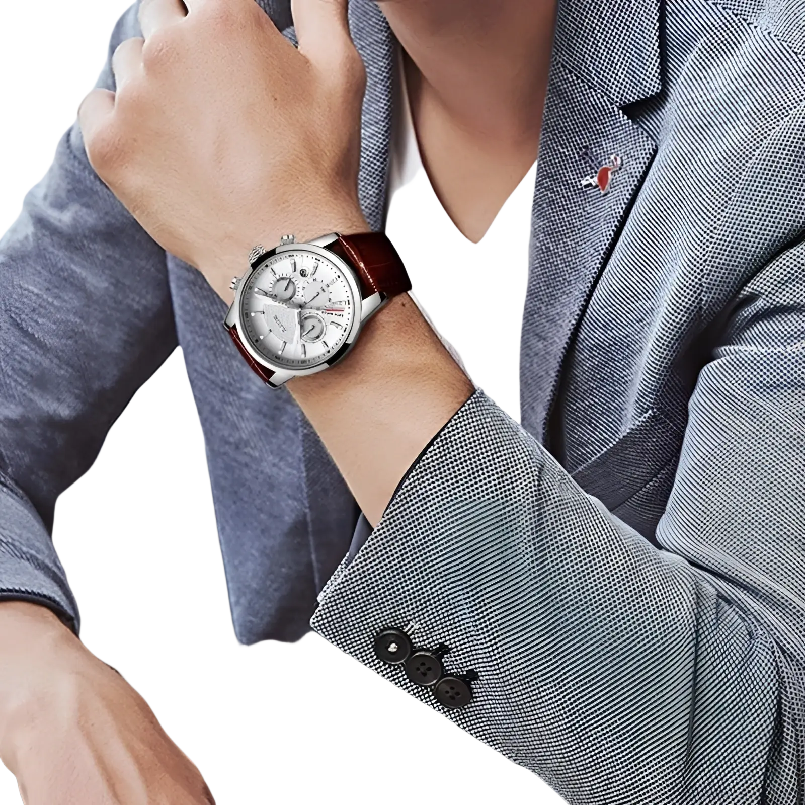 Lige men’s leather chronograph quartz watch with silver-toned case white dial and dark brown leather strap