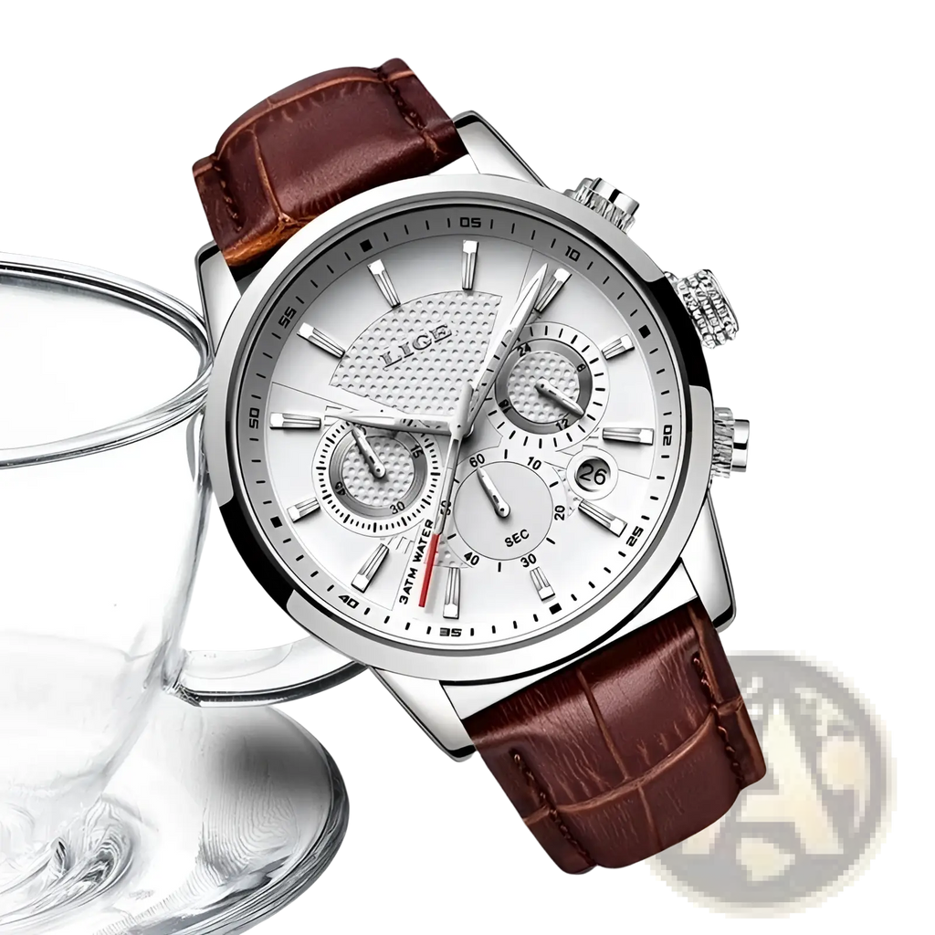 Lige men’s silver chronograph quartz watch with white dial, three subdials, and brown leather strap