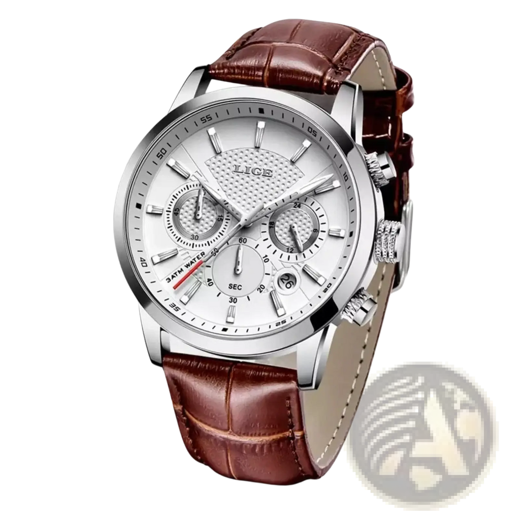 Lige men’s silver chronograph quartz watch with white dial and brown alligator leather strap featuring three subdials
