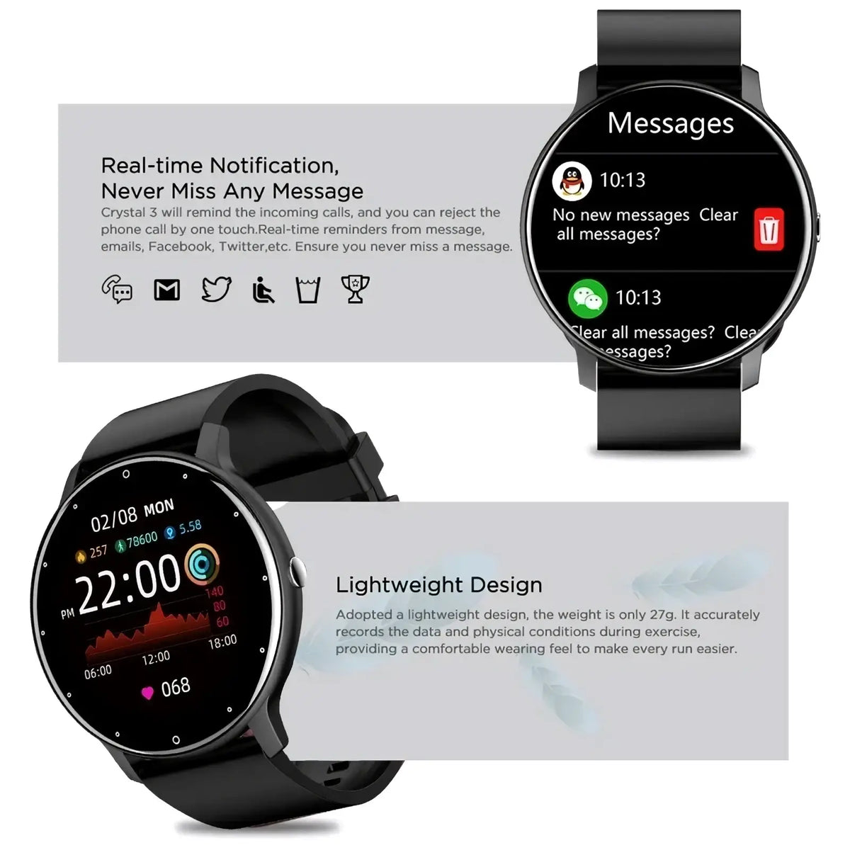 Black crystal lige round smart watch with round touchscreen and minimalist design for android and ios fitness tracking