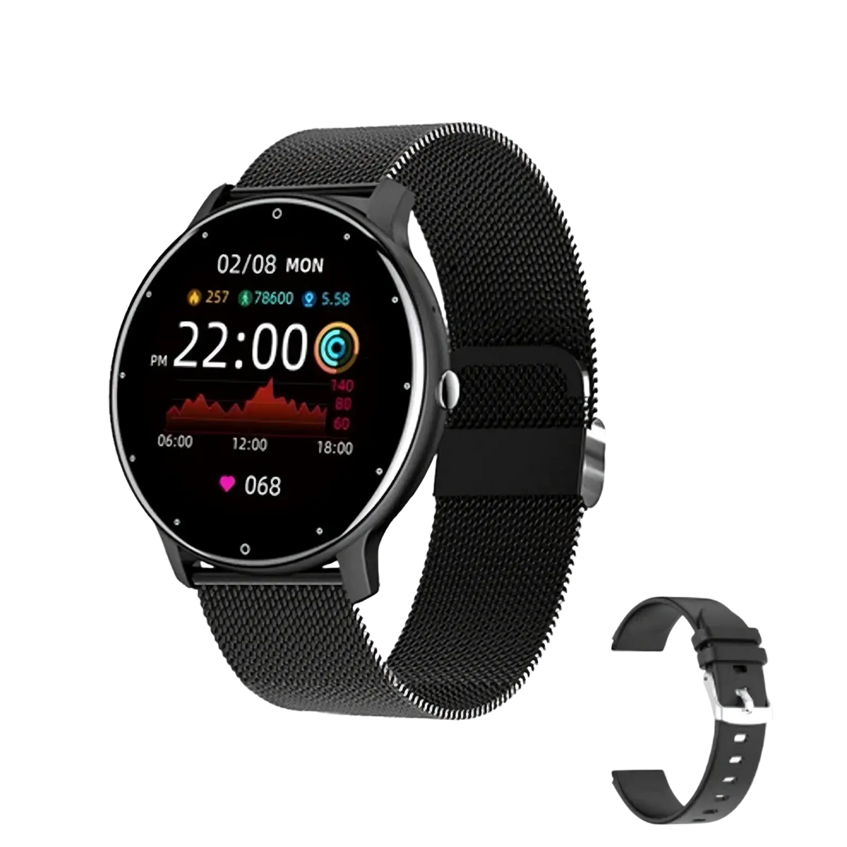 Lige round smart watch fitness tracker with black mesh band and circular digital display for android and ios