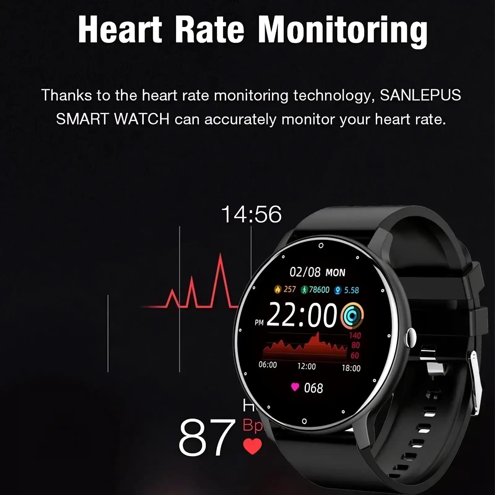 Black sanlepus lige round smart watch with circular heart rate display metallic bezel and adjustable silicone strap