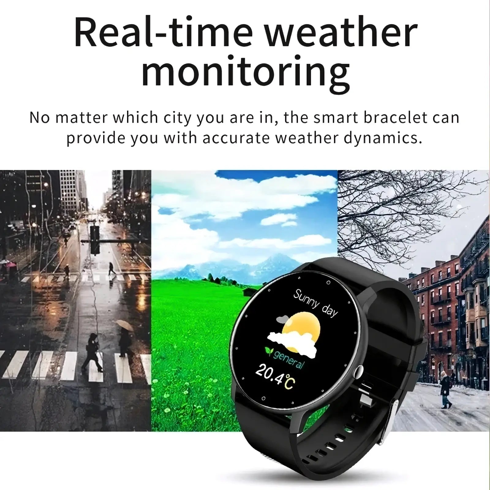 Black lige round smartwatch fitness tracker for android and ios with circular screen showing sunny day and 20.4°c weather