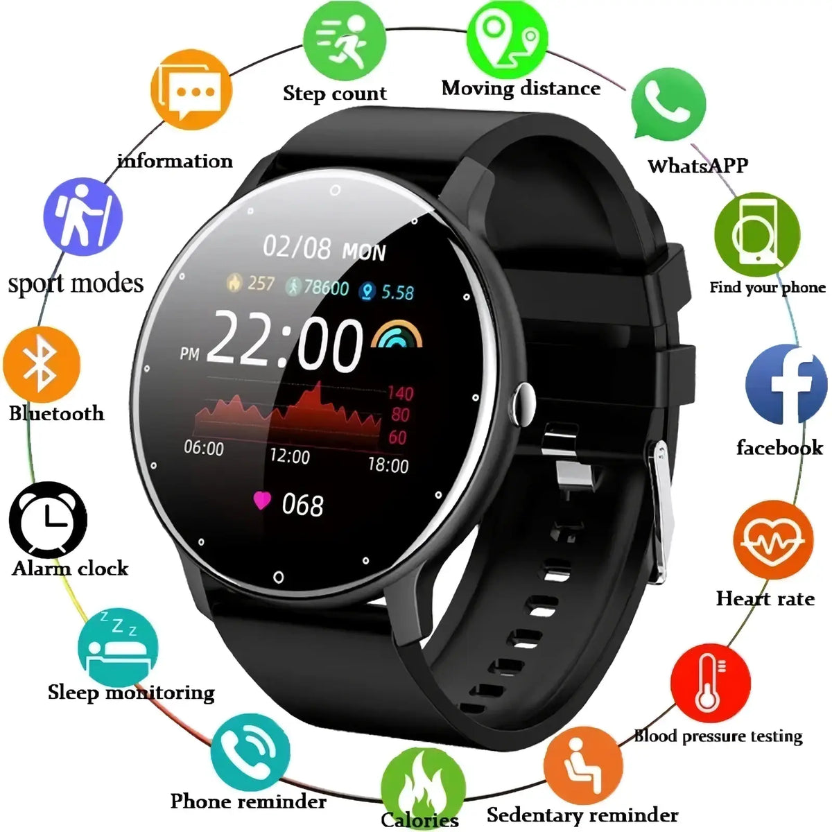 Lige round smart watch fitness tracker with black circular touchscreen and sleek sporty black strap for android and ios