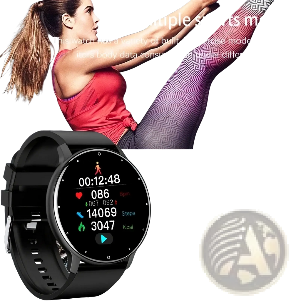 Black Lige round sport smartwatch with circular display showing digital fitness metrics for Android and iOS use