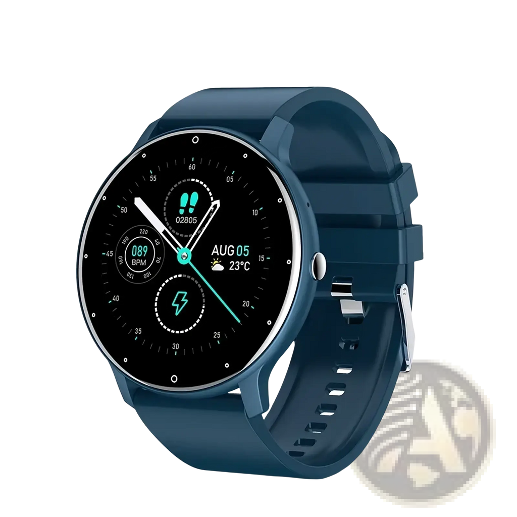 Blue silicone strap Lige round smart watch fitness tracker for Android and iOS with circular black face and teal digital display