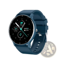 Blue silicone strap Lige round smart watch fitness tracker for Android and iOS with circular black face and teal digital display