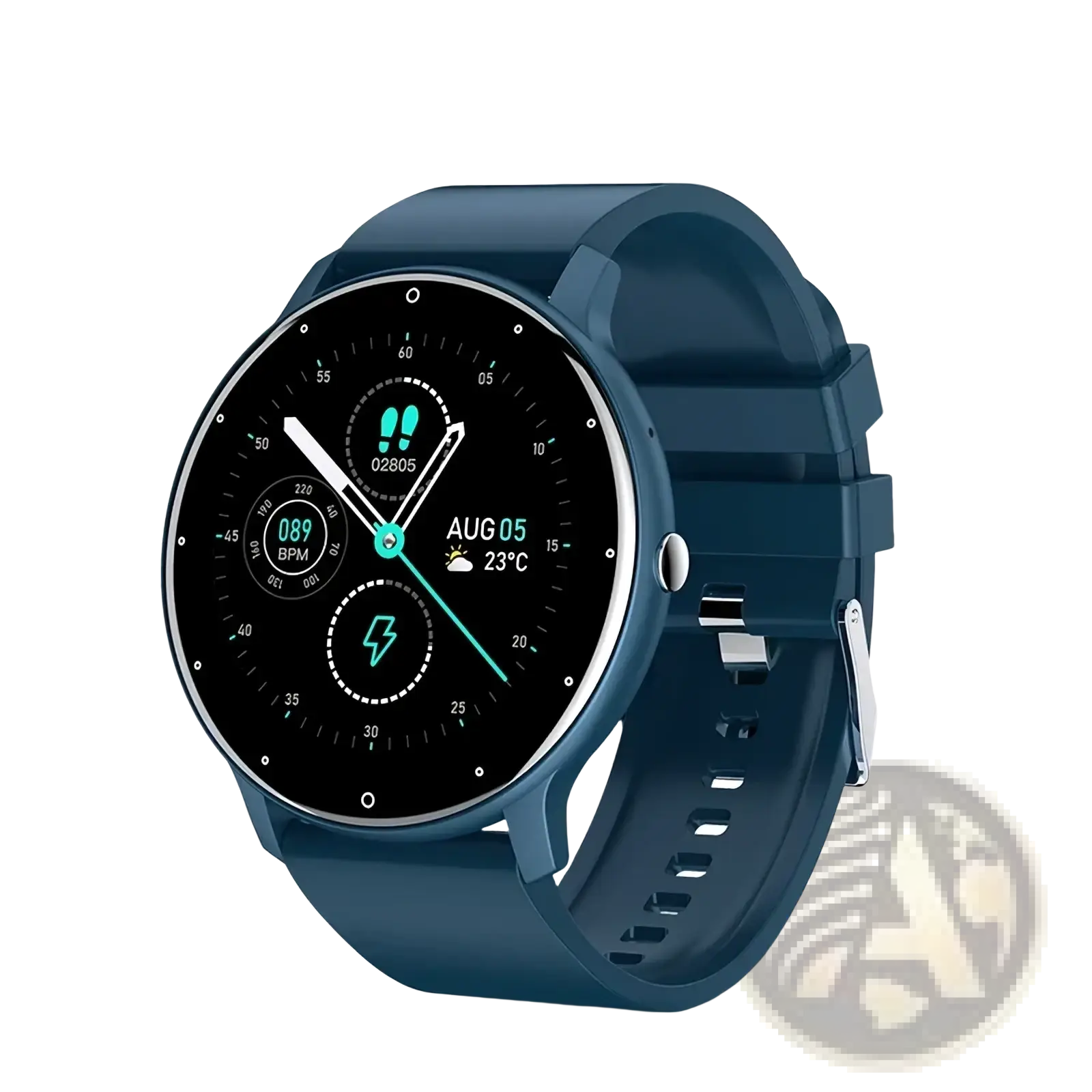Blue silicone strap Lige round smart watch fitness tracker for Android and iOS with circular black face and teal digital display