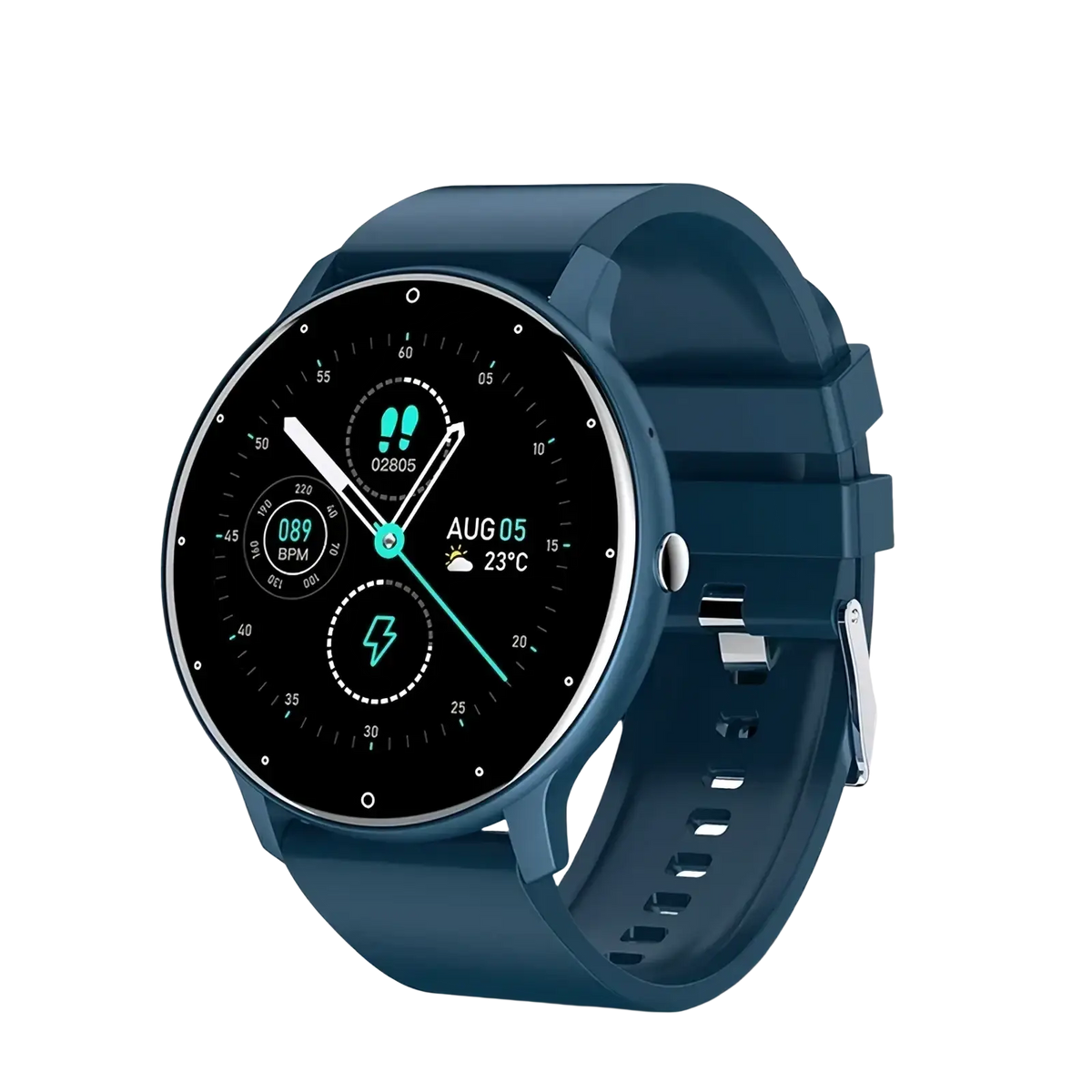 Blue silicone strap Lige round smart watch fitness tracker for Android and iOS with circular black face and teal digital display