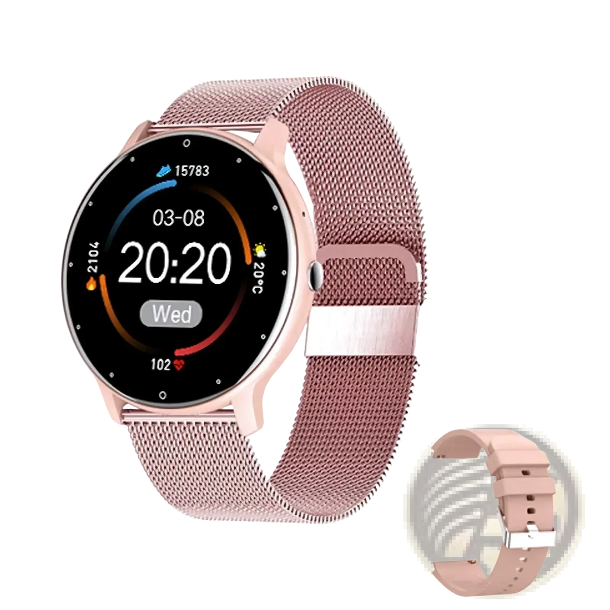 Lige round smart watch fitness tracker with rose gold mesh band and circular digital display showing time and metrics