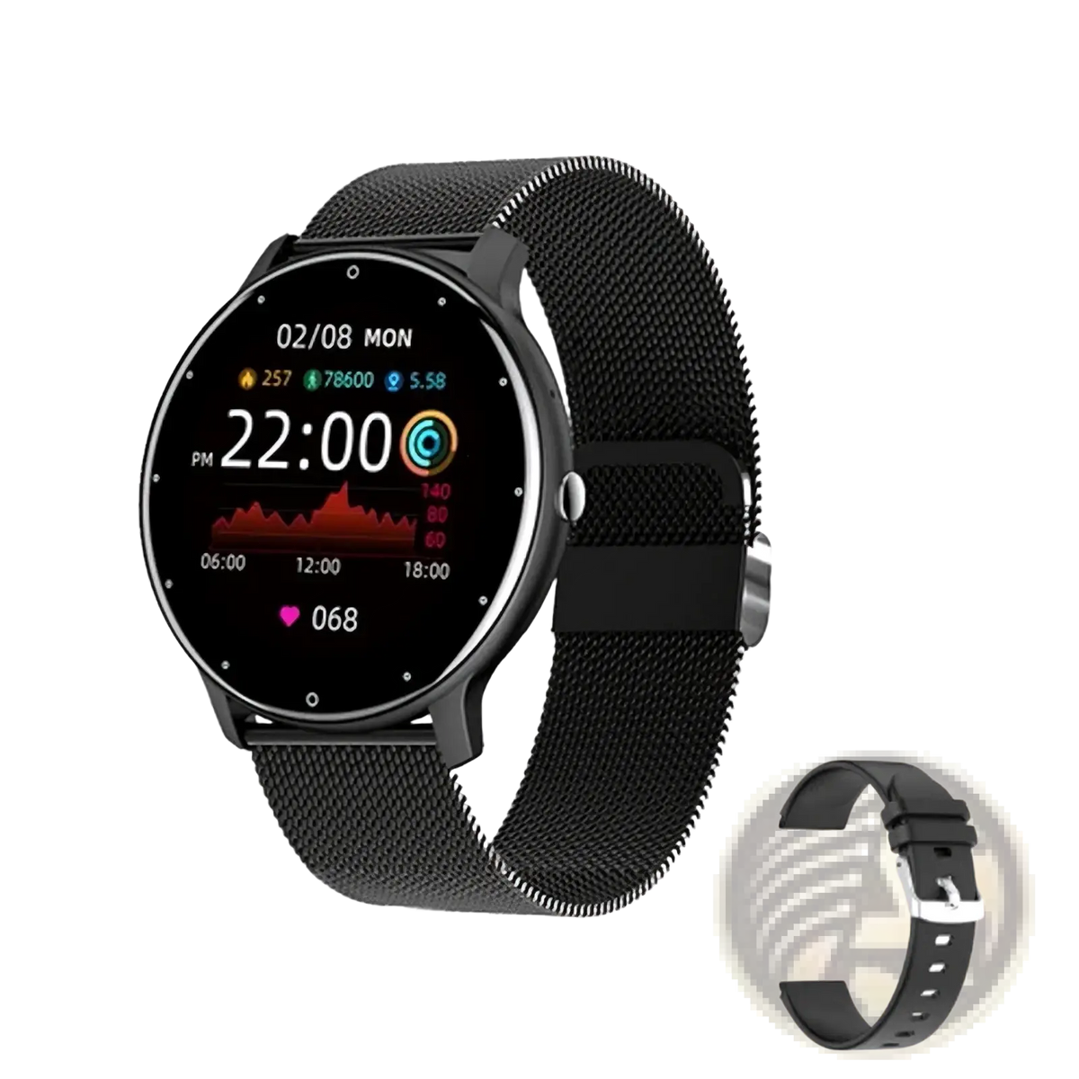 Lige round smart watch fitness tracker with black mesh band and circular digital display for android and ios
