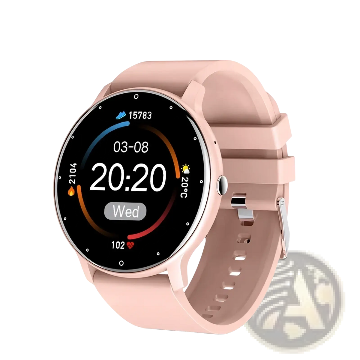 A sleek blush pink Lige round smart watch with a round digital display and silicone strap for fitness tracking