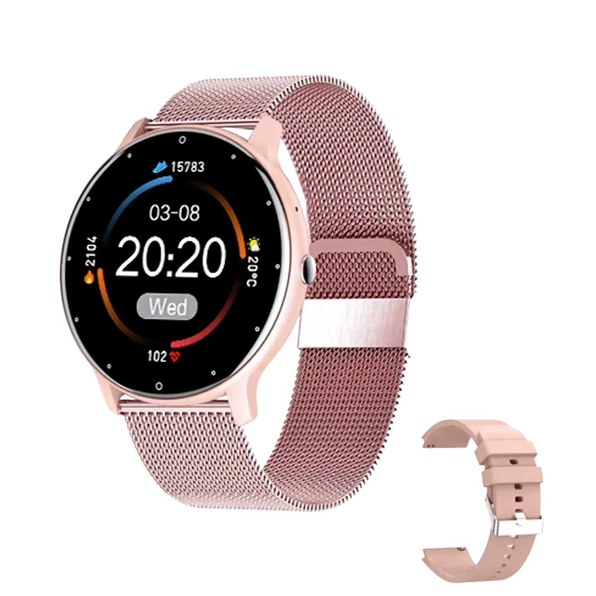 Lige round smart watch fitness tracker with rose gold mesh band and circular digital display showing time and metrics