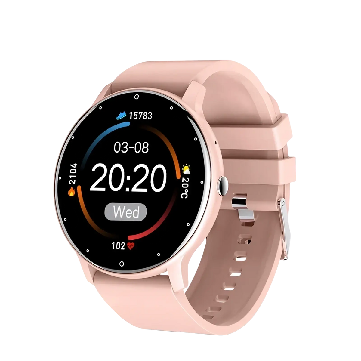 A sleek blush pink Lige round smart watch with a round digital display and silicone strap for fitness tracking