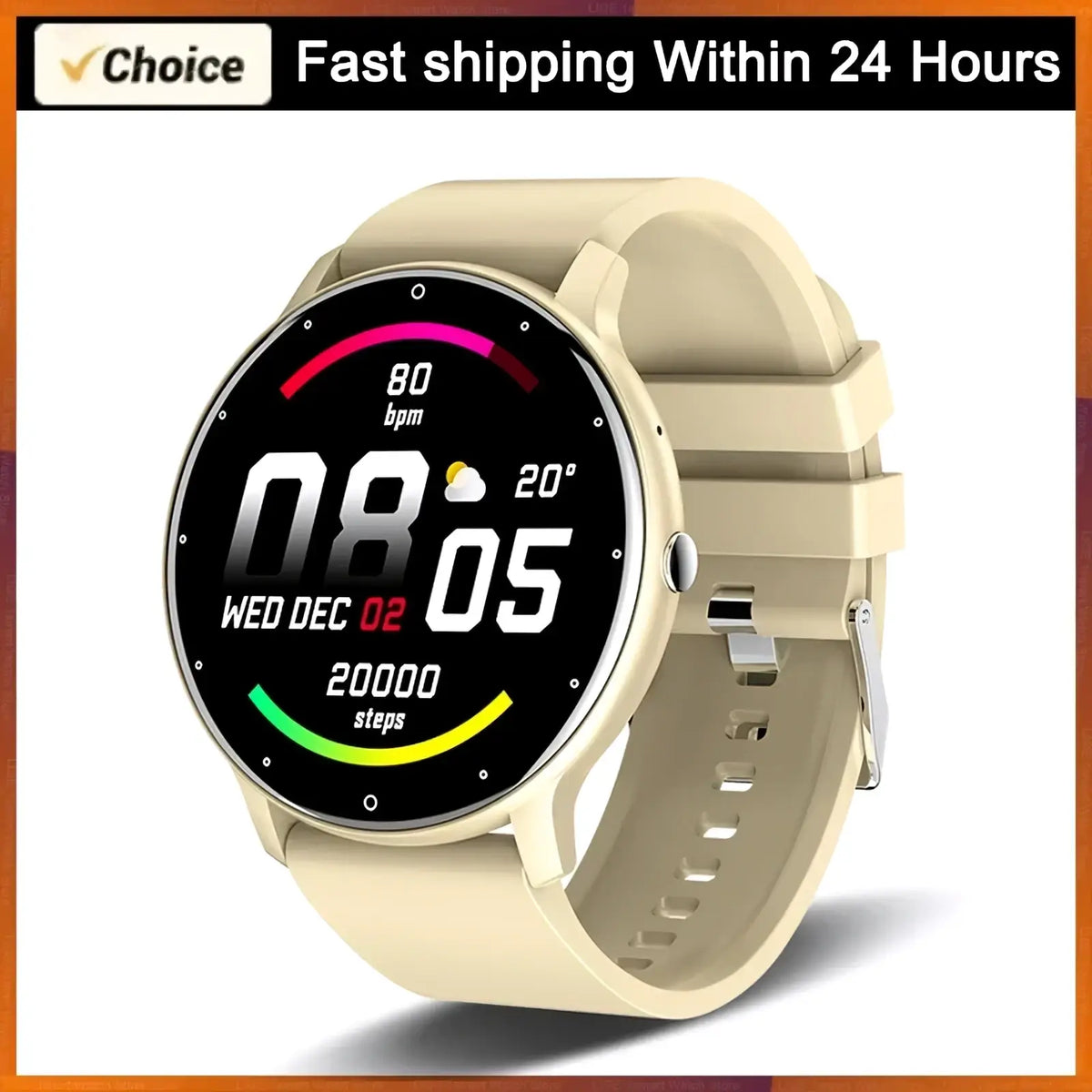 Lige round smart watch fitness tracker with beige silicone strap and black circular screen showing health data