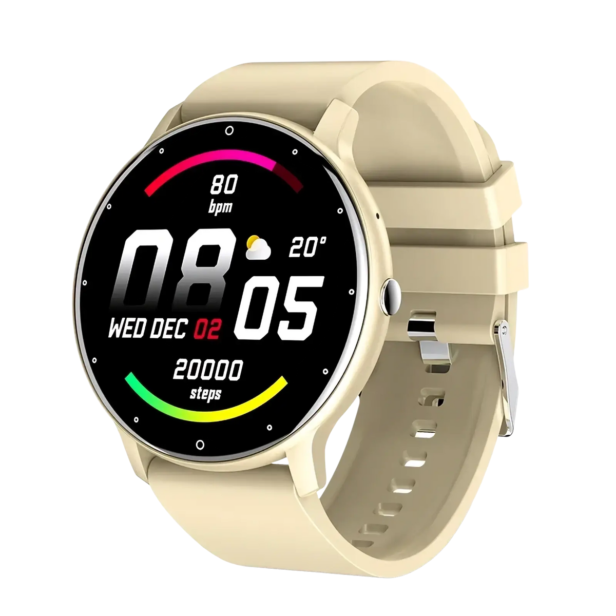 Lige smartwatch with beige silicone strap and circular digital display showing time date steps and heart rate