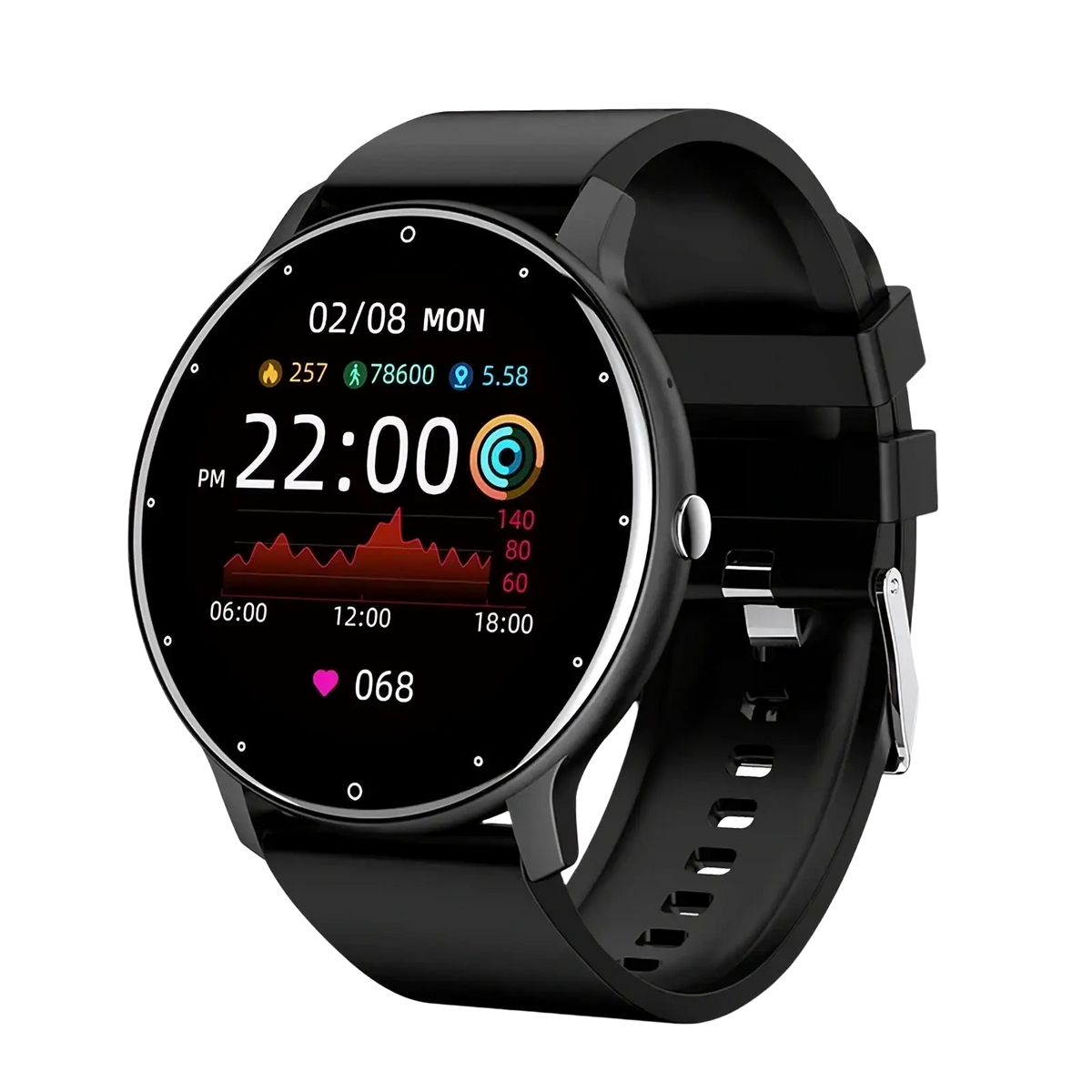 Black lige smartwatch with circular touchscreen display showing fitness metrics and time Bluetooth call fitness tracker