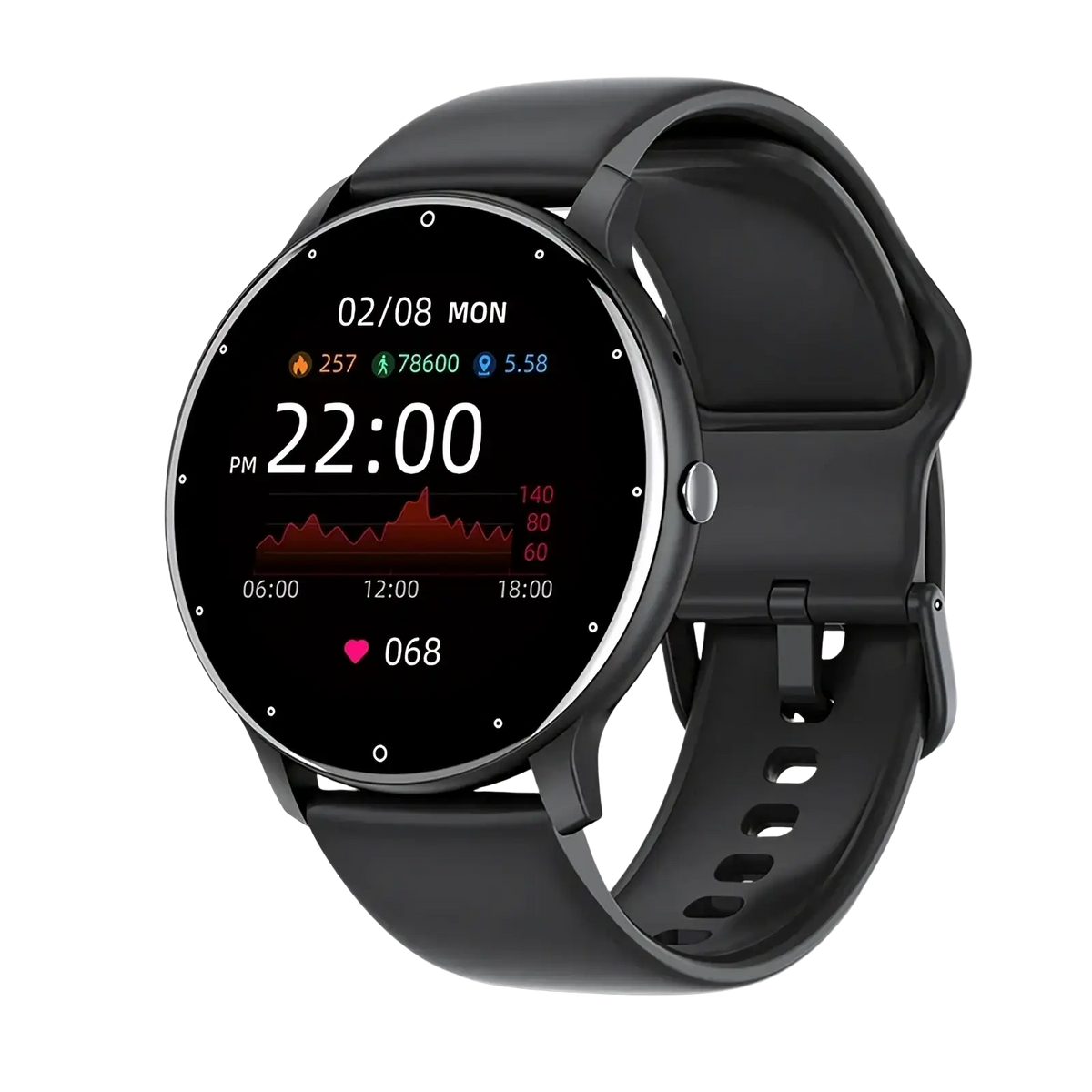 Black Lige smartwatch with circular touchscreen display and matching silicone strap for Bluetooth call and fitness tracking