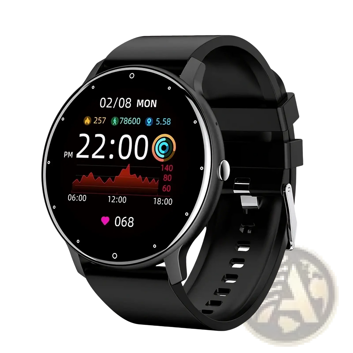 Black lige smartwatch with circular touchscreen display showing fitness metrics and time Bluetooth call fitness tracker