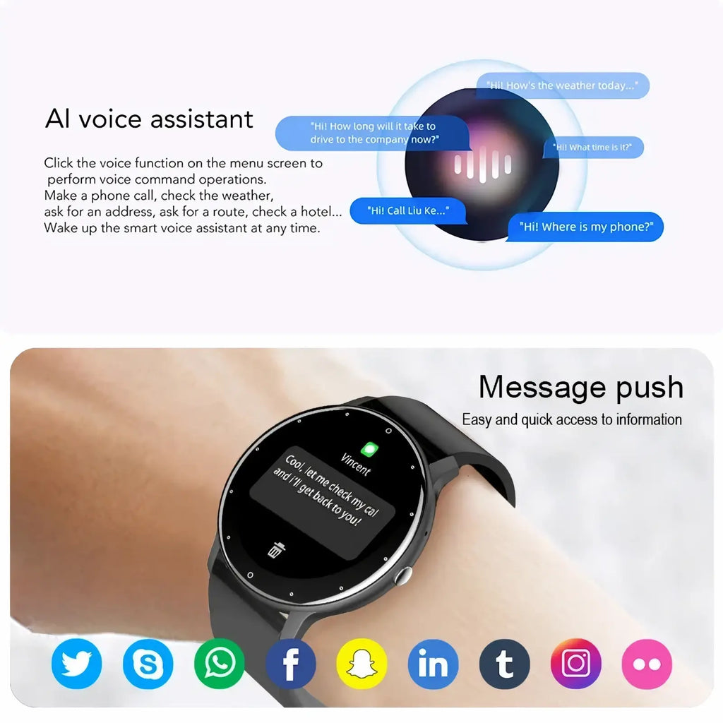 Black Lige smartwatch with circular screen displaying message notification and minimalist band for Bluetooth call fitness tracking
