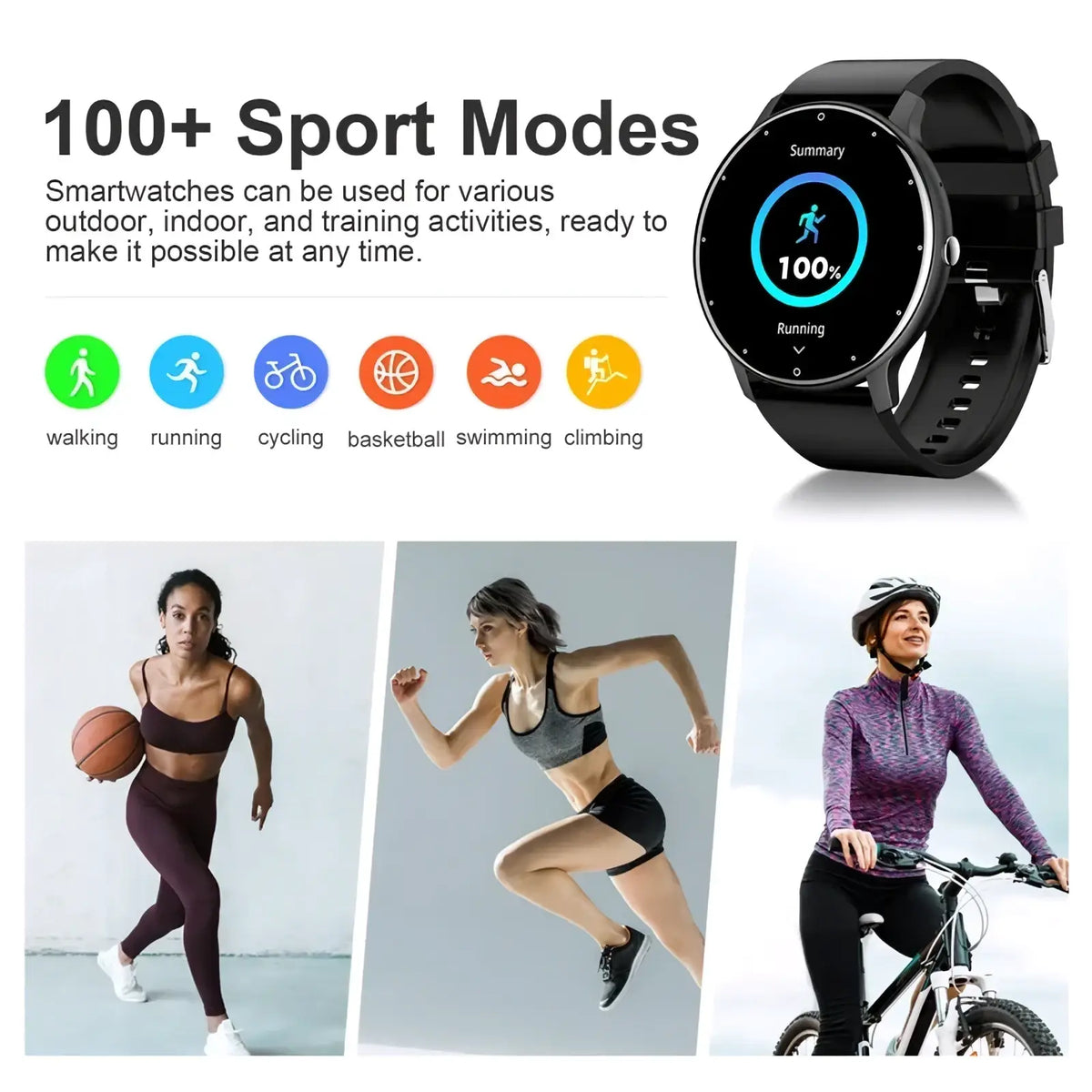 Black Lige smartwatch with circular screen showing 100% running summary and sport icons, black silicone strap Bluetooth call fitness tracker