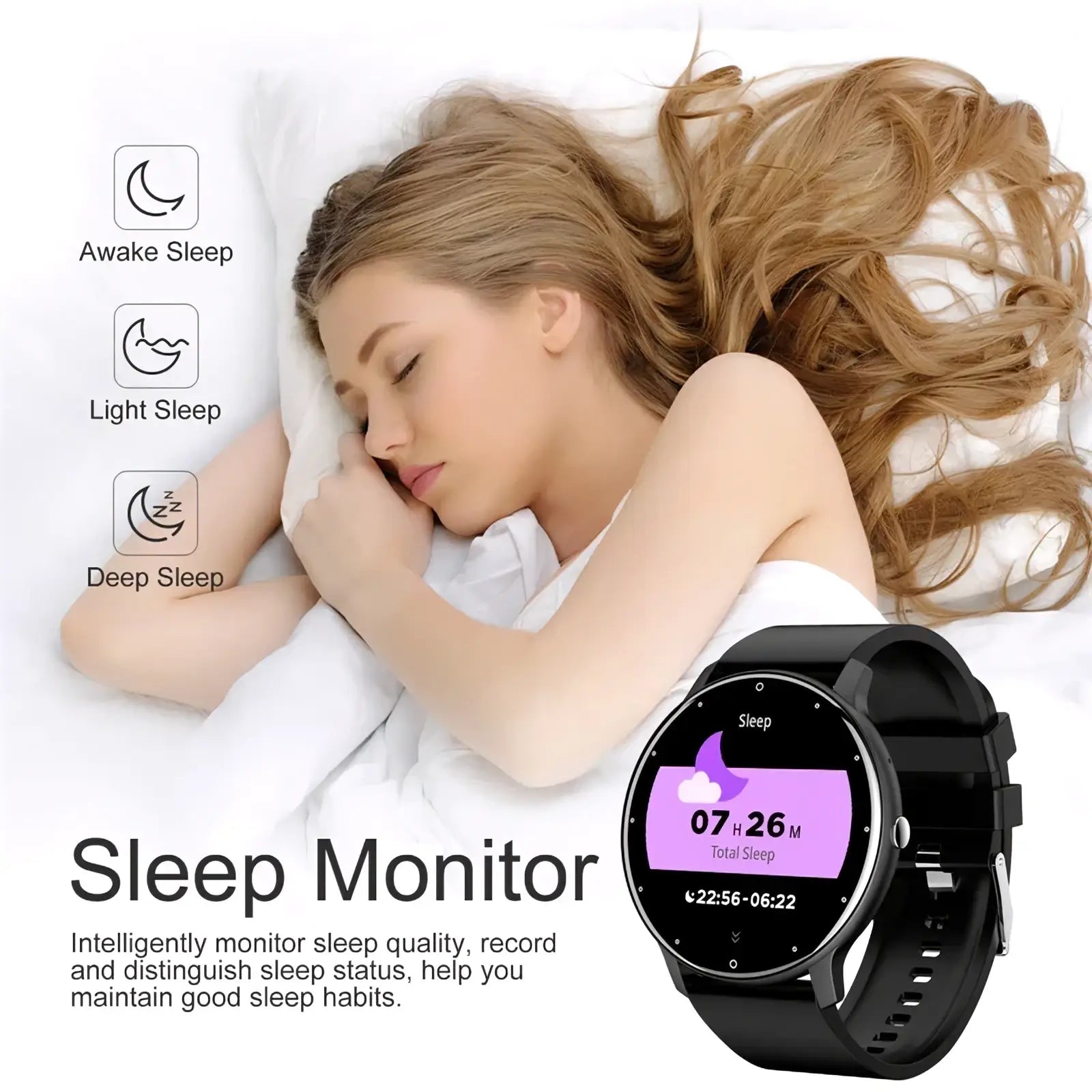 Lige smartwatch black with circular screen displaying sleep data black strap bluetooth call fitness tracker