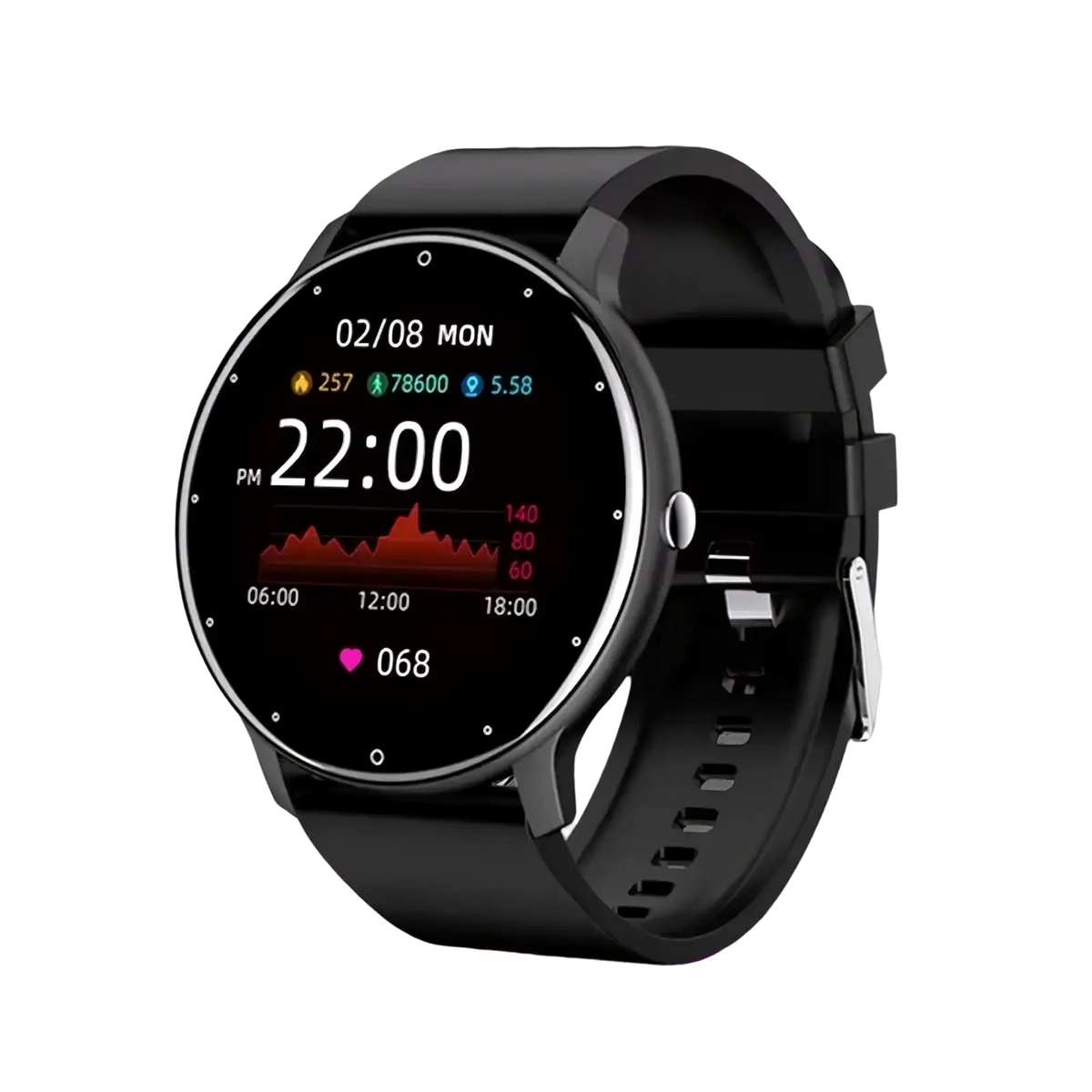 Black Lige smartwatch with round digital display and silicone strap featuring Bluetooth call and fitness tracking